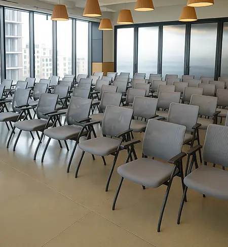 Conference room with AV setup and comfortable seating