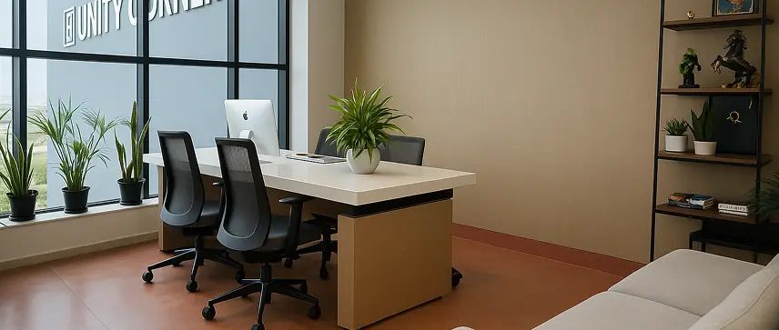 Coworking space with multiple desks and colorful partitions