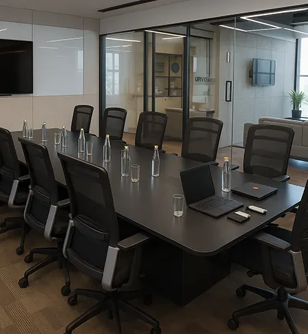 Whiteboard and screen-equipped meeting space at Wibes