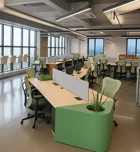 Workshop-ready training room setup with desks