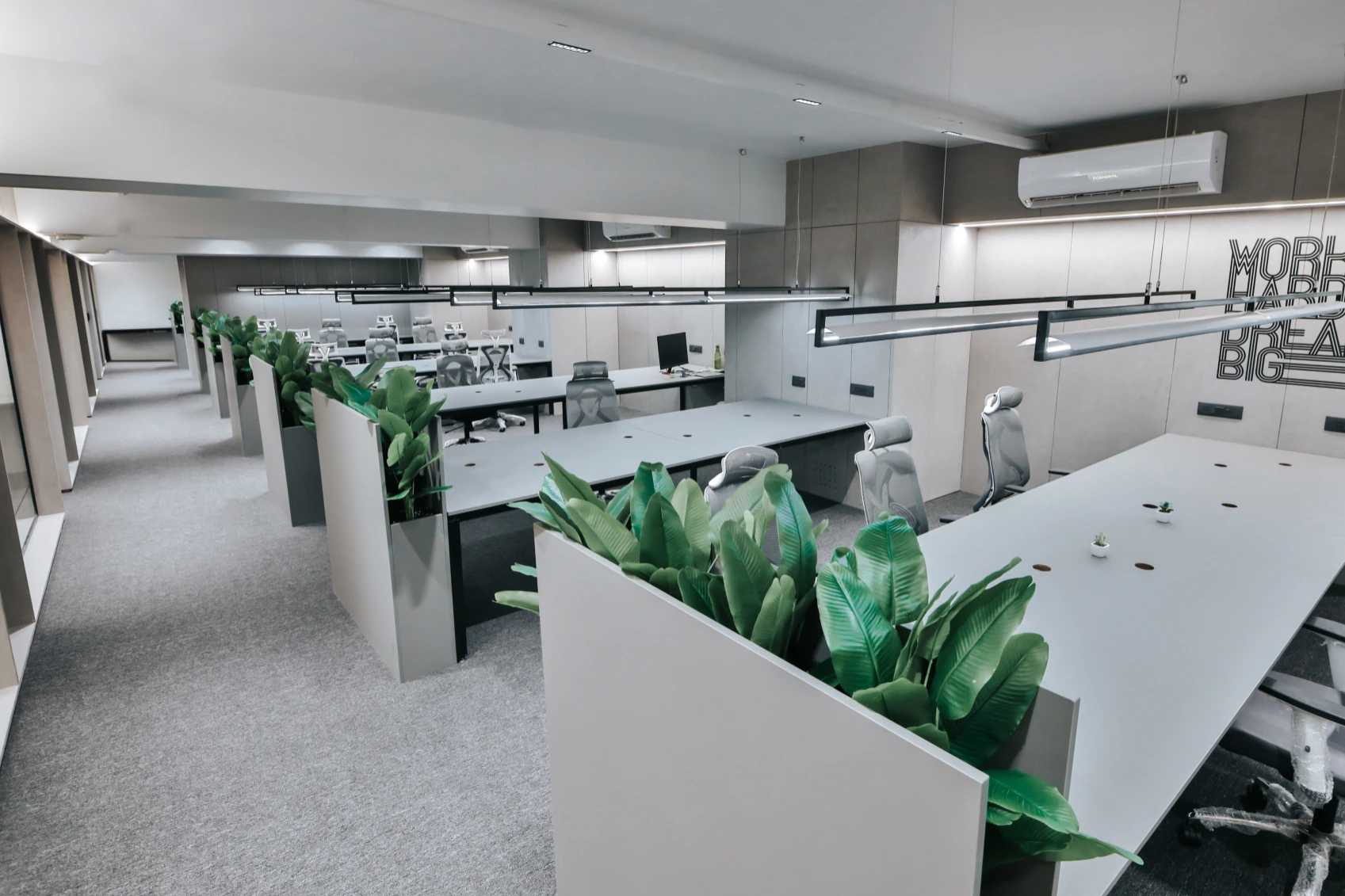 Modern open office with colorful furniture and collaborative workspace