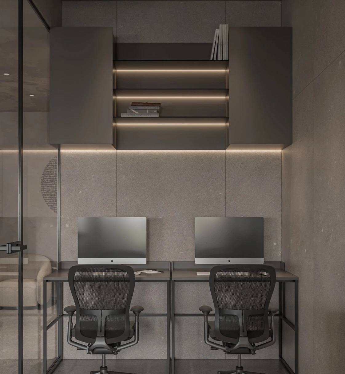 Large open office floor with multiple workstations and natural lighting